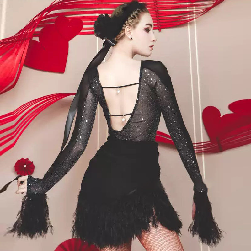 YJFY Women's Black Latin Dance Dress Dance Wear Training Performance Dress