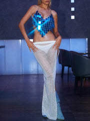 Blue Sparkly Bra - Square Sequins Hanging Neck Top