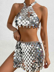 Two Piece Silver Sequin Set - Mini Skirt + Bra Top