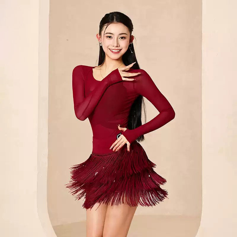 Women's Red Long Sleeves Dance Tops Bodysuit LeotarPractice DanceWear