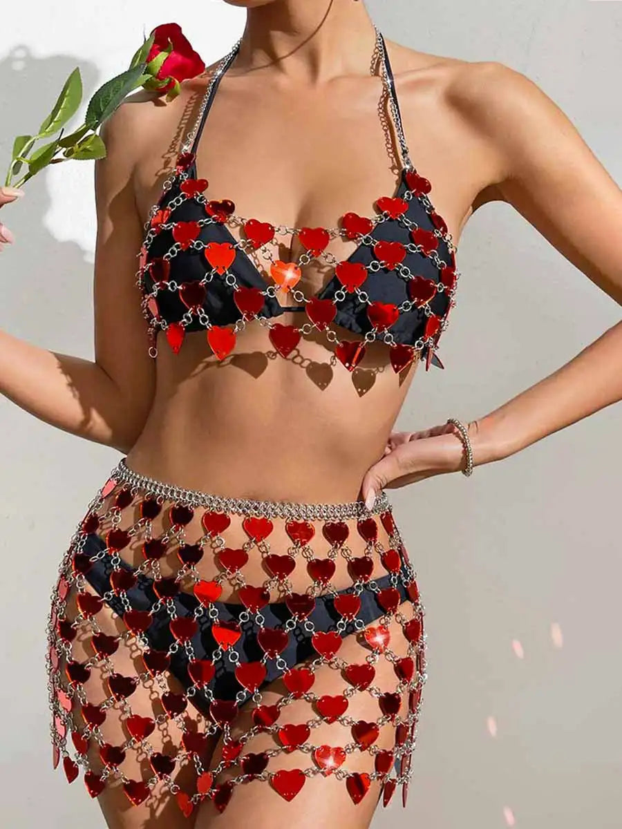 Red Heart Sequin Bra & Mini Skirt Set