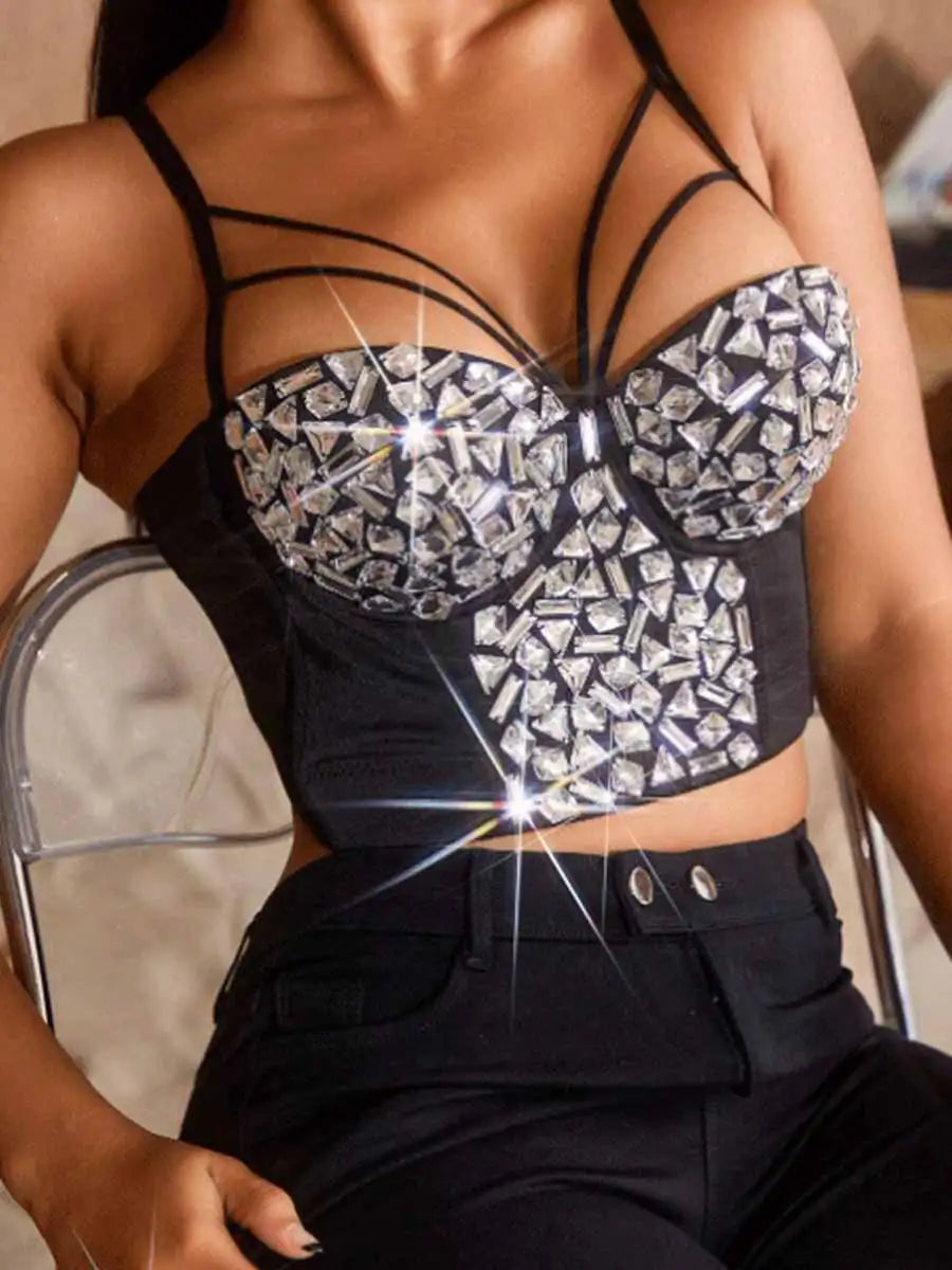 Black Corset Rhinestone - Suspender Crystal Bra Top