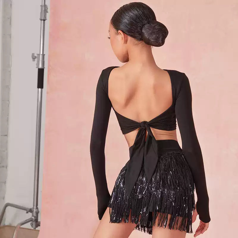 Girls Black Long-sleeved Dance Practice Tops Dancewear