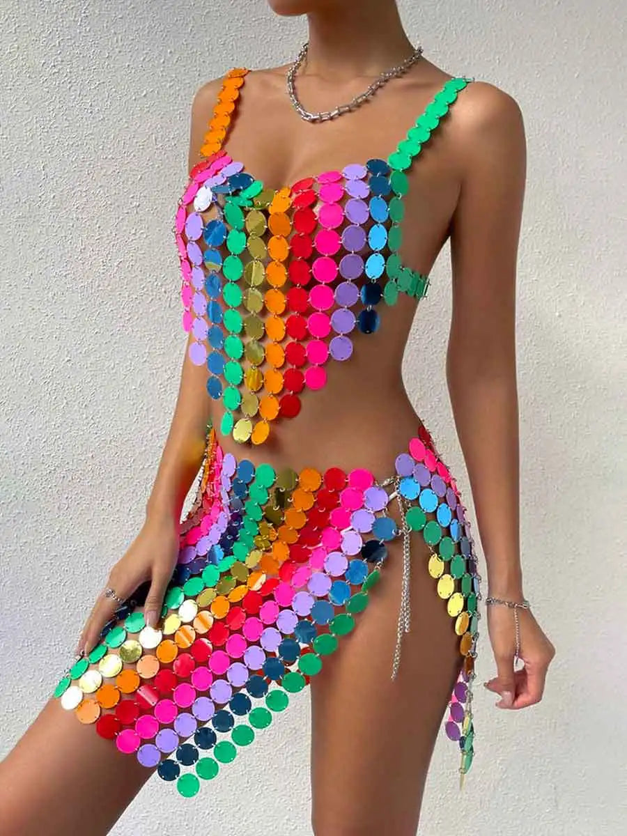 Rainbow Sequin Two Piece Set - Middle Skirt + Bra Top