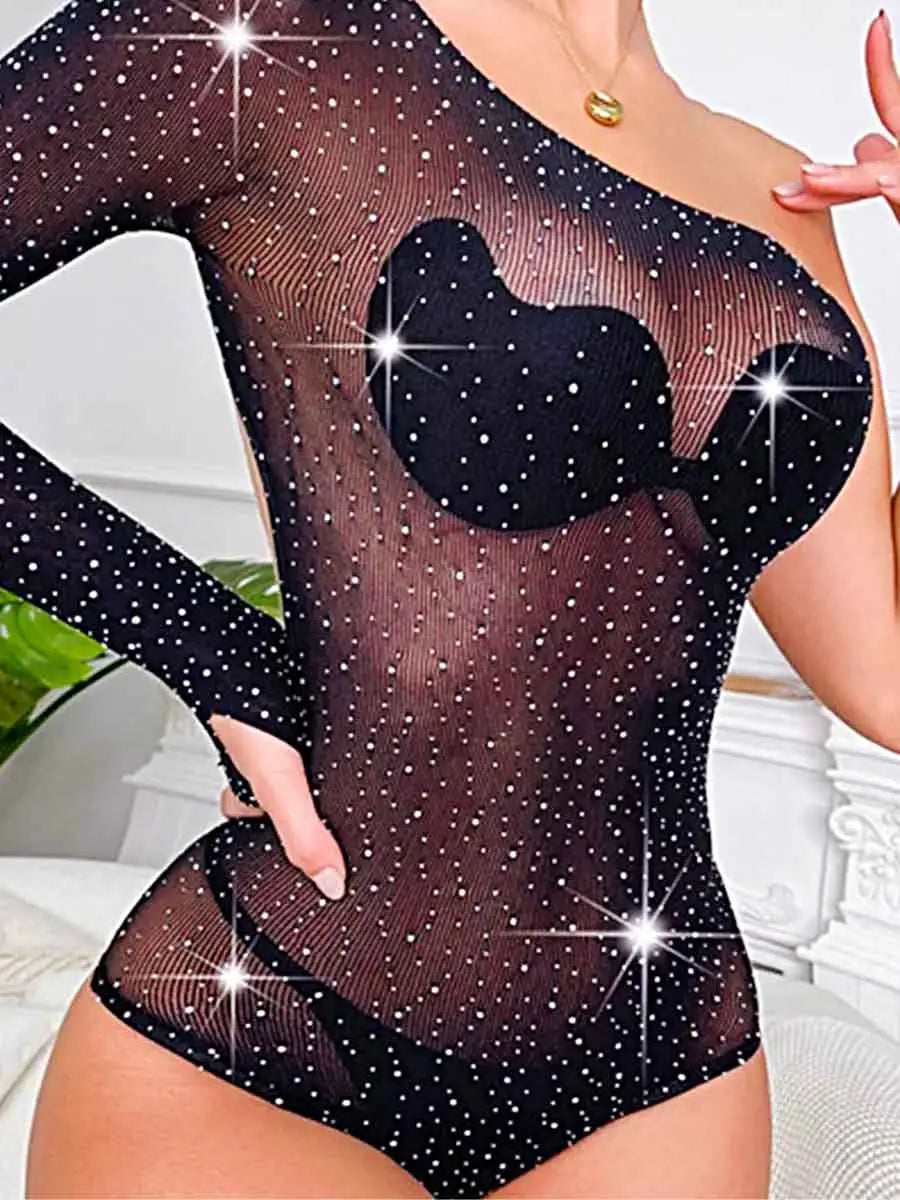 Mesh Bodysuit With Rhinestones - One-Shoulder Bodysuit