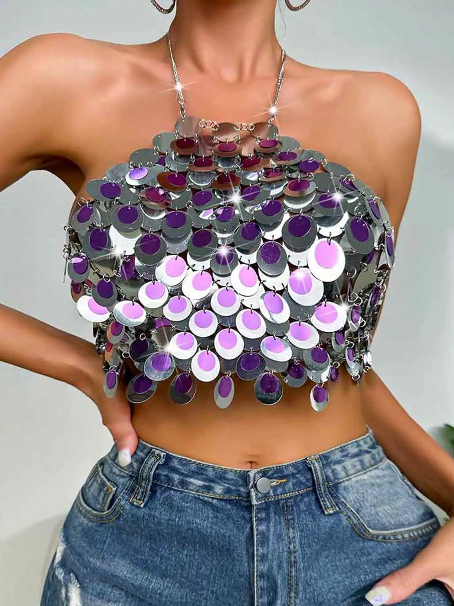 Silver Sequin Bralette - Circle Sequin Halter Tank Top