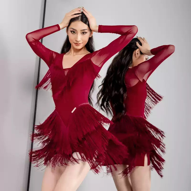 Women's Tassel V Neck Dress Dance Wear Training Performance Dress