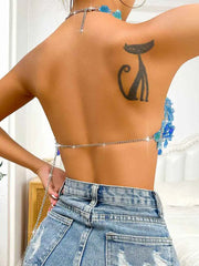 Blue Sequin Halter Top - Short Shiny Halter Neck Tank Top