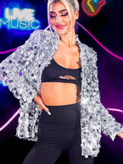 Women's Sequin Tuxedo Jacket - Silver Lapel Blazer
