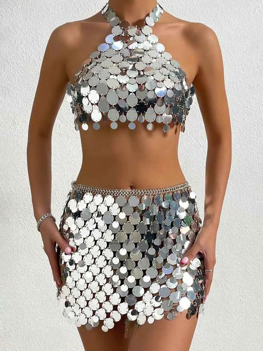 Two Piece Silver Sequin Set - Mini Skirt + Bra Top