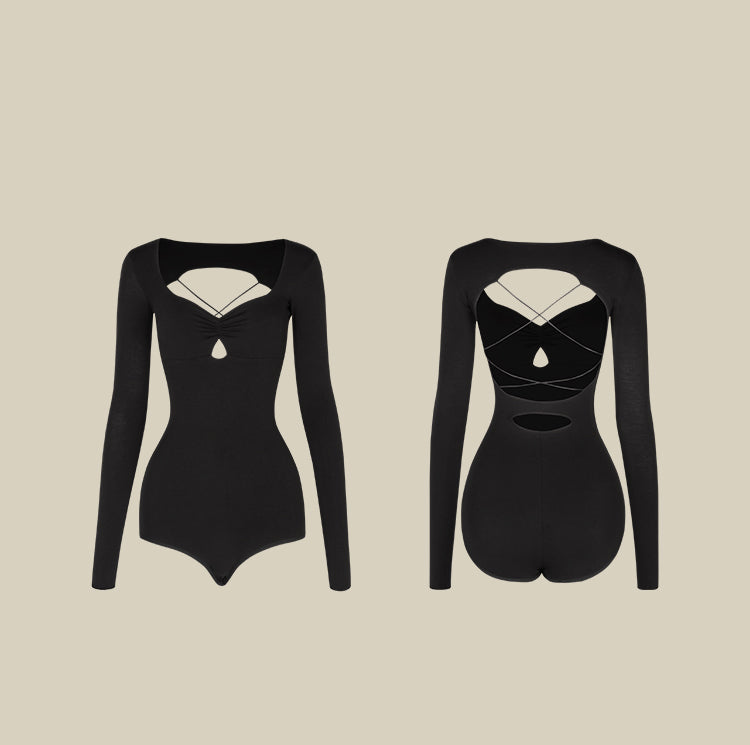 Women's Black Backless Long Sleeve DanceWear Bodysuit Leotards