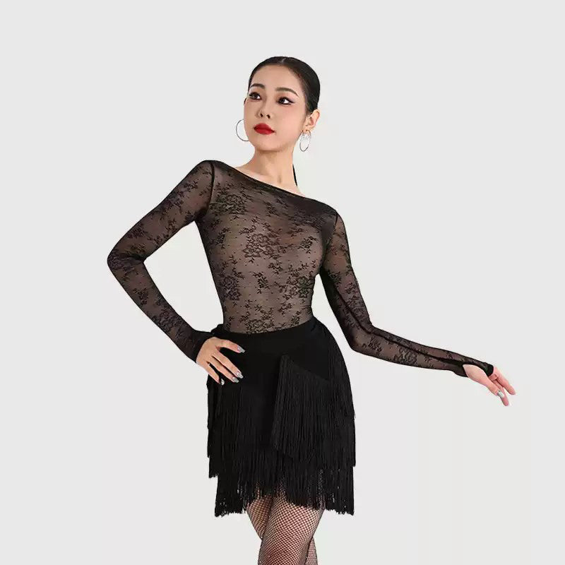Women's Black Tassel Latin Dance Srt Training Performance Srts DanceWear