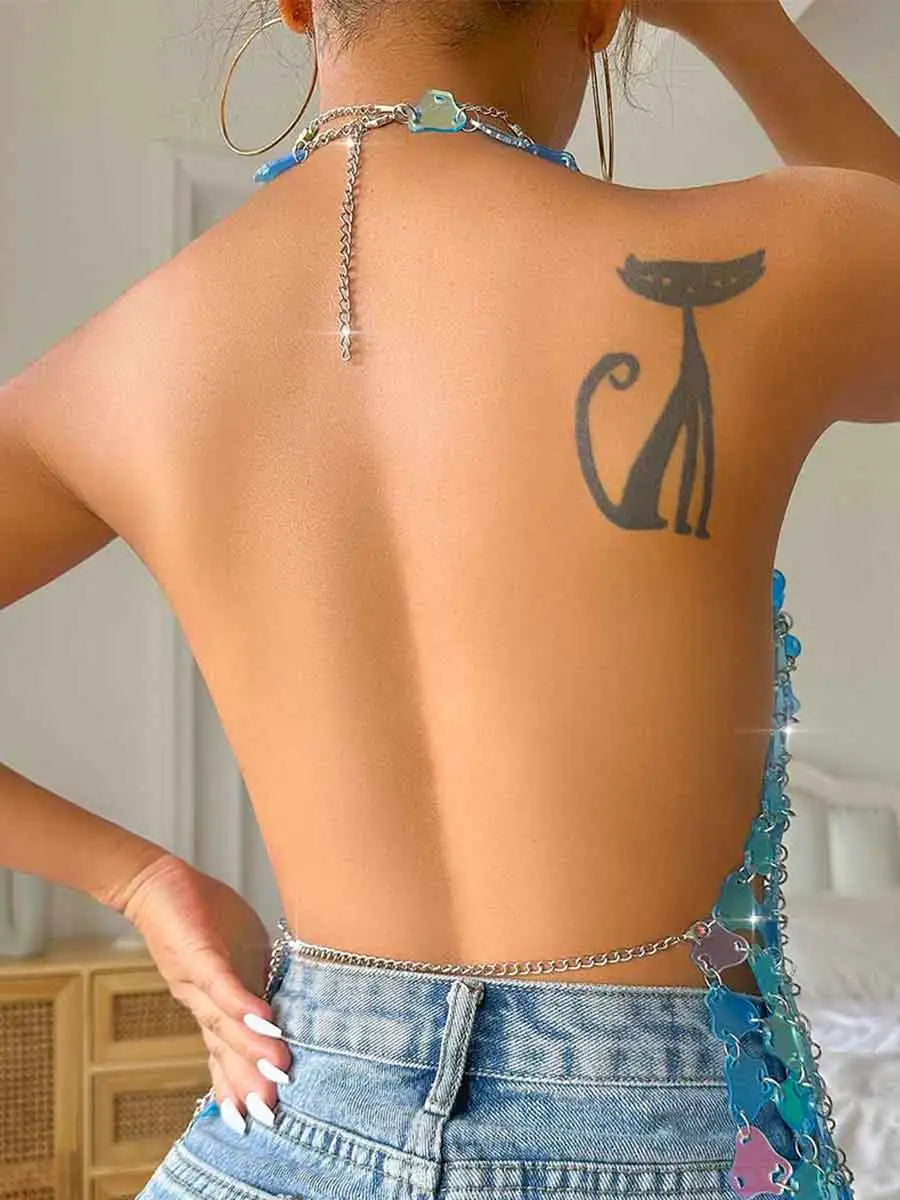 Light Blue Halter Neck Sequin Vest For Disco
