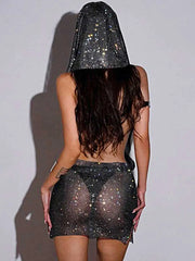 Rhinestone Cover Up Dress - Mesh Hooded Dress