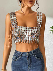 Disco Silver Sequin Strappy Bra Top
