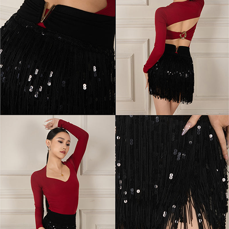 Women's Black Sequin Tassel Latin Dance Srt Training Performance Srts DanceWear