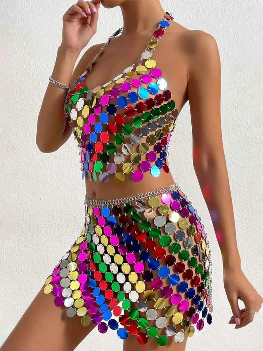 Rainbow Sequin Outfit - Mini Skirt + Disco Bra Top Set