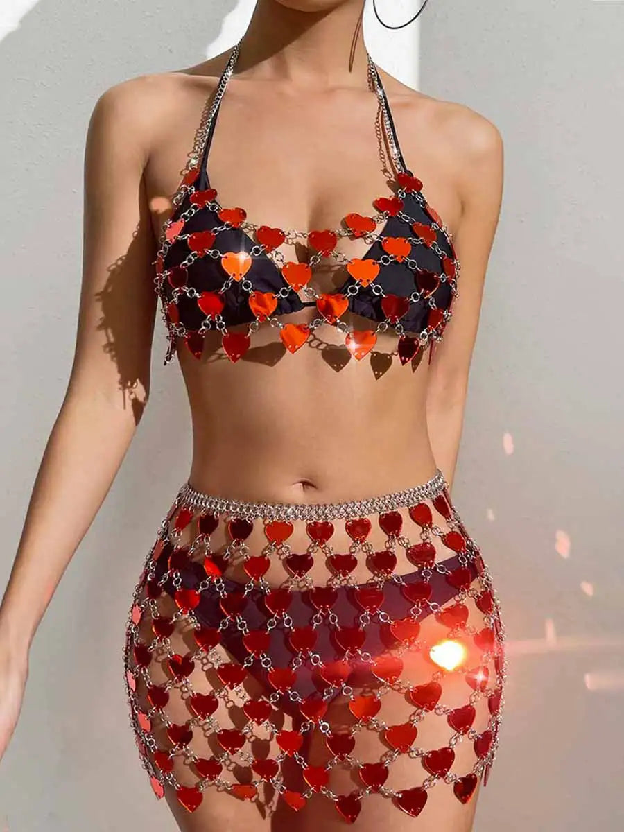 Red Heart Sequin Bra & Mini Skirt Set