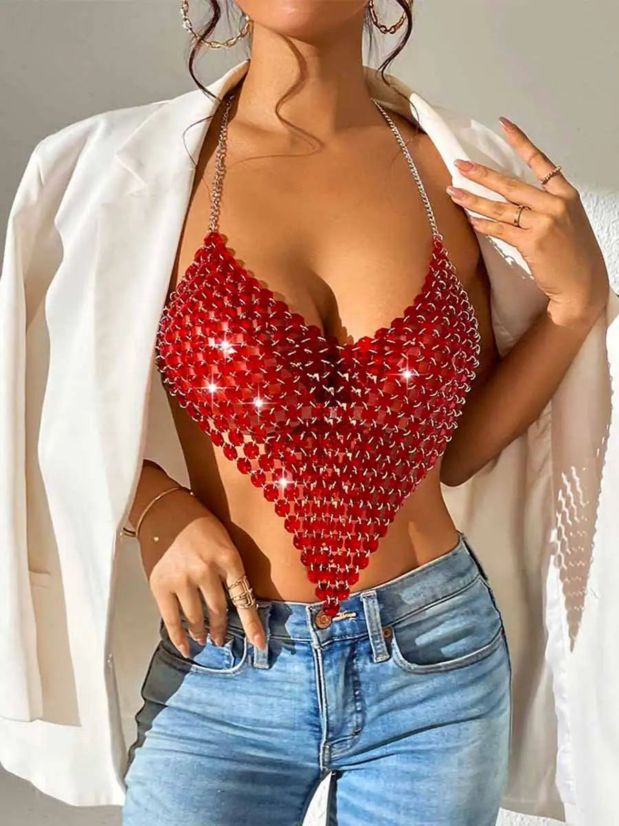 Women's Disco Red Sequin Halter Bra Top