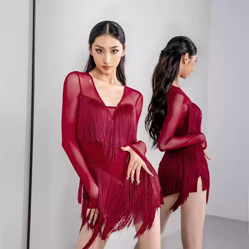 Women's Tassel V Neck Dress Dance Wear Training Performance Dress