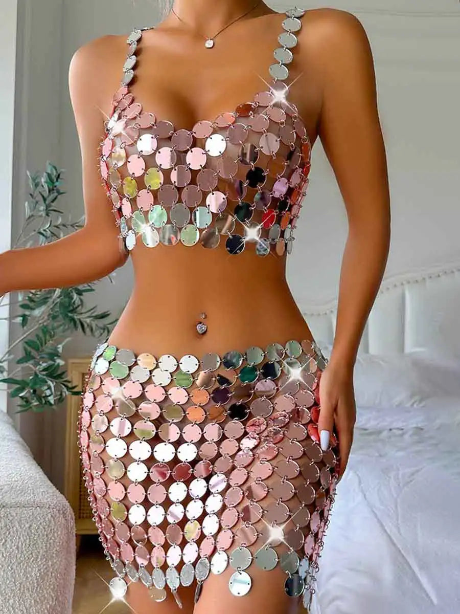 Silver Sequin Skirt Suit - Short Camisole Bra + Short Skirt