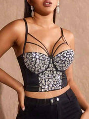 Black Corset Rhinestone - Suspender Crystal Bra Top