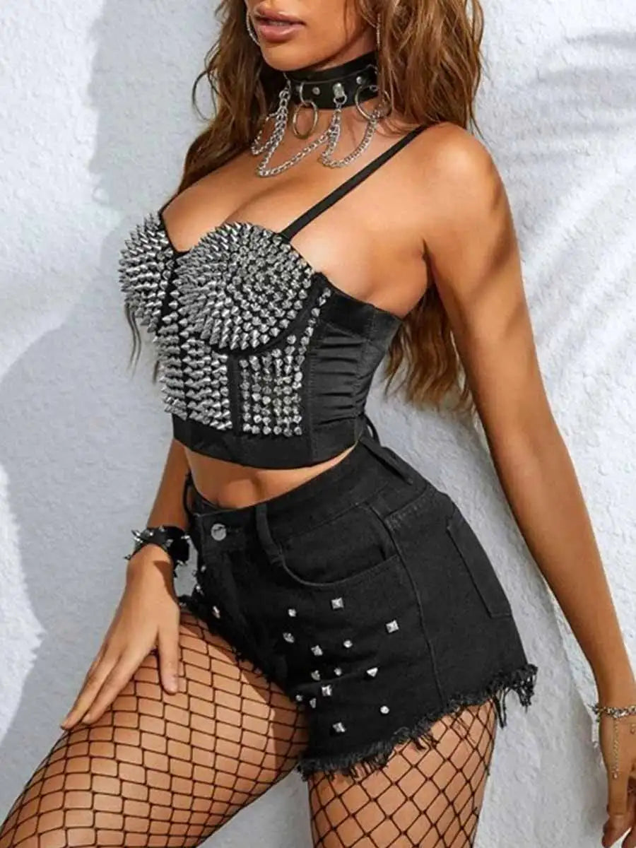 Women's Black Punk Style Rhinestone Corset Bustier Top