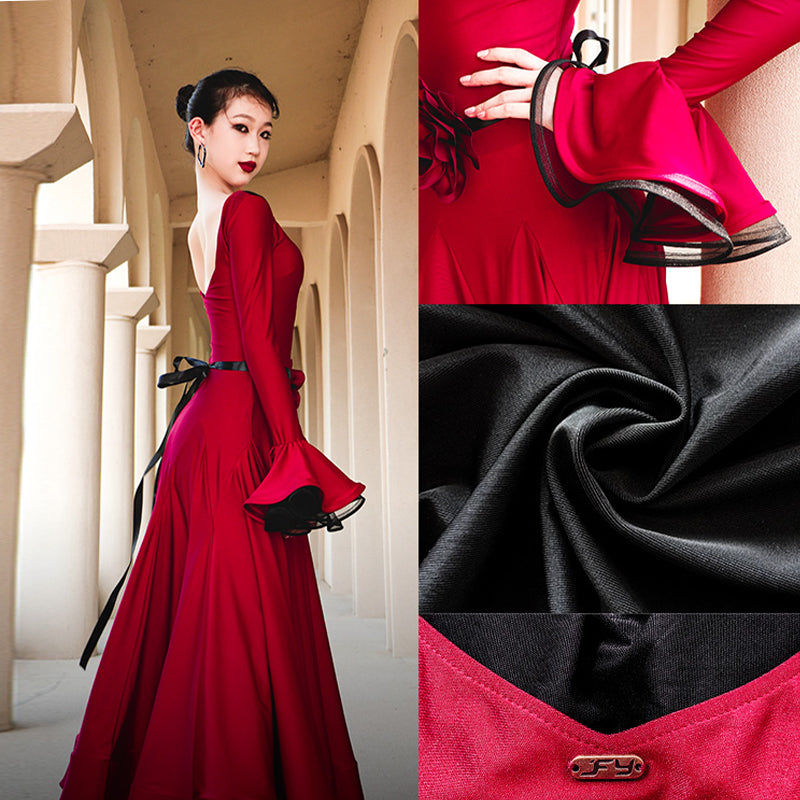 YJFY Women's Long Sleeve Modern Dance Dress Ballroom Dance Costume Training Performance