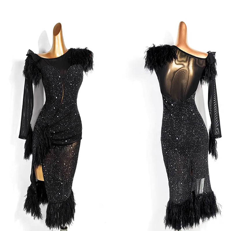YJFY Women's Black Latin Dance Dress Dance Wear Training Performance Dress