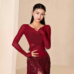 Women's Red Long Sleeves Dance Tops Bodysuit LeotarPractice DanceWear
