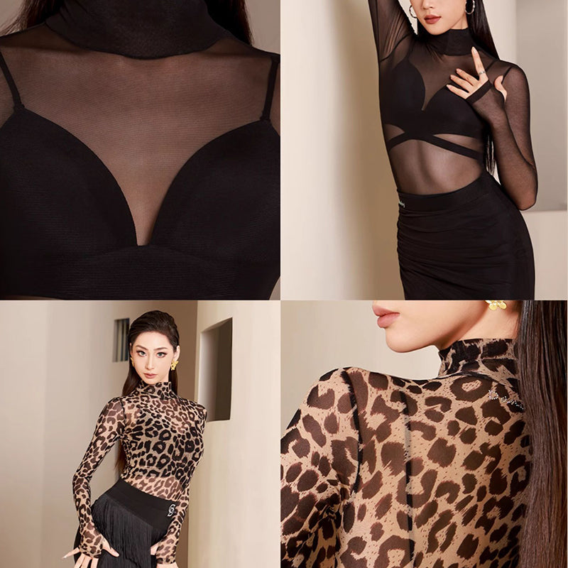Women's Mesh Long Sleeve Dance Tops Bodysuit LeotarPractice DanceWear