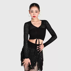 Women's Black Sequin Tassel Latin Dance Srt Training Performance Srts DanceWear