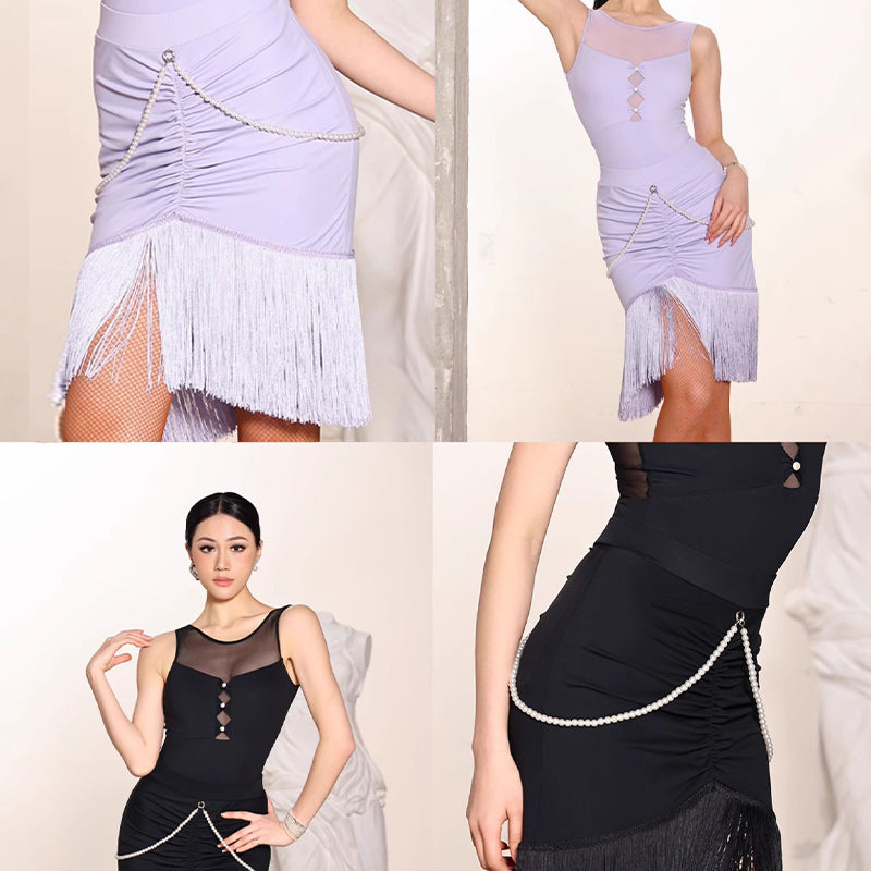 Women's Tassels Latin Dance Srt With Pearl Chain Training Performance Srts Dance Wear