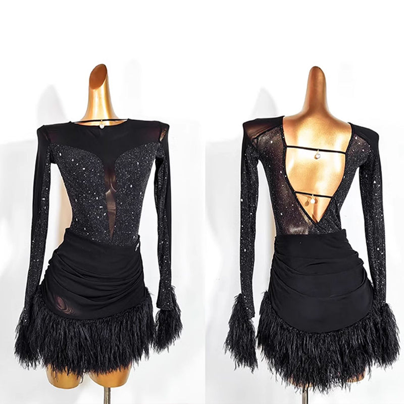 YJFY Women's Black Latin Dance Dress Dance Wear Training Performance Dress