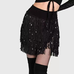 Women's Black Sequin Tassel Latin Dance Srt Training Performance Srts DanceWear