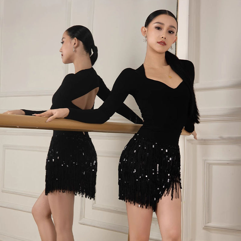 Women's Black Sequin Tassel Latin Dance Srt Training Performance Srts DanceWear