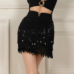 Women's Black Sequin Tassel Latin Dance Srt Training Performance Srts DanceWear