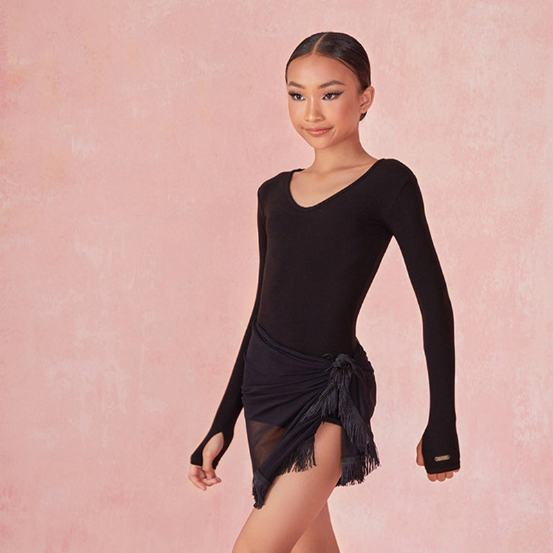 Girls Black Long Sleeve Latin Dance Bodysuit Dance Wear