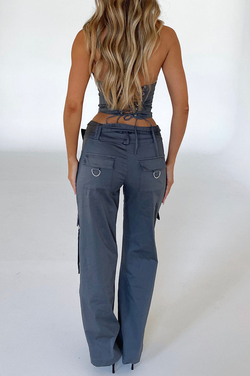 Lace Up Zip Halter Backless Crop Top Pocket Straight Leg Pants Matching Set-Grey