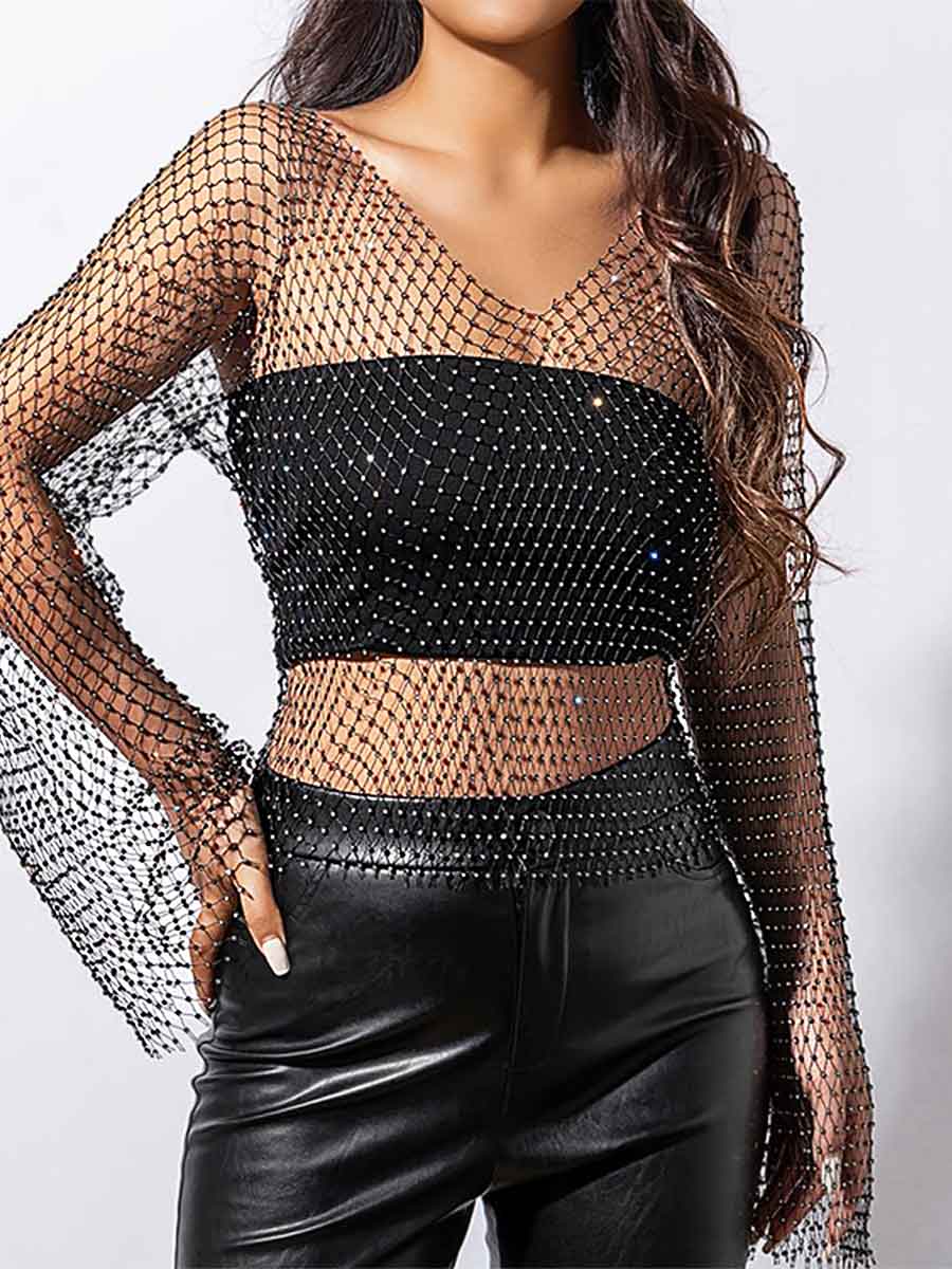 V-Neck Long Sleeve Sheer Short Rhinestone Mesh Shirt