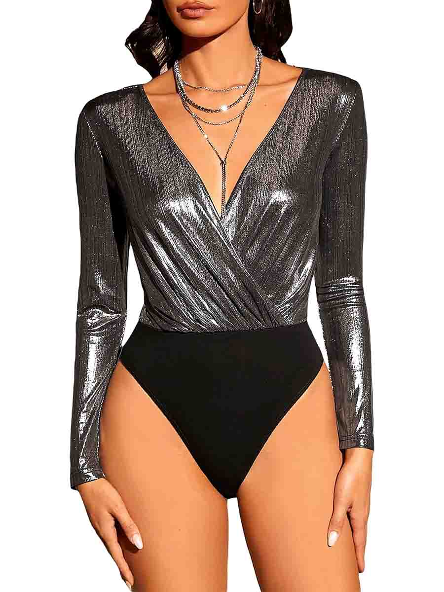 Wrap Ruched Deep V Neck Black Glitter Long Sleeve Bodysuit