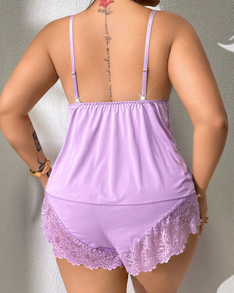 Plus Size Lace Satin Cami Pajama Set â€?Sexy Two-Piece Sleepwear for Women