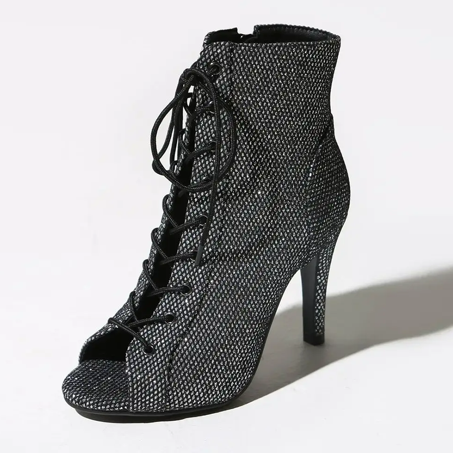 Women's Black 7.5cm/10cm Slim Heel Rubber Sole Leatherette JazShoes Open Toe Dance Heels Boots