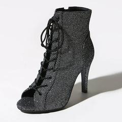 Women's Black 7.5cm/10cm Slim Heel Rubber Sole Leatherette JazShoes Open Toe Dance Heels Boots