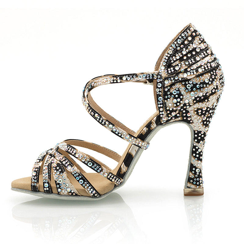 Women's Leopard 9cm Heel Strappy Satin Rhinestones Sandal Latin Dance Shoes