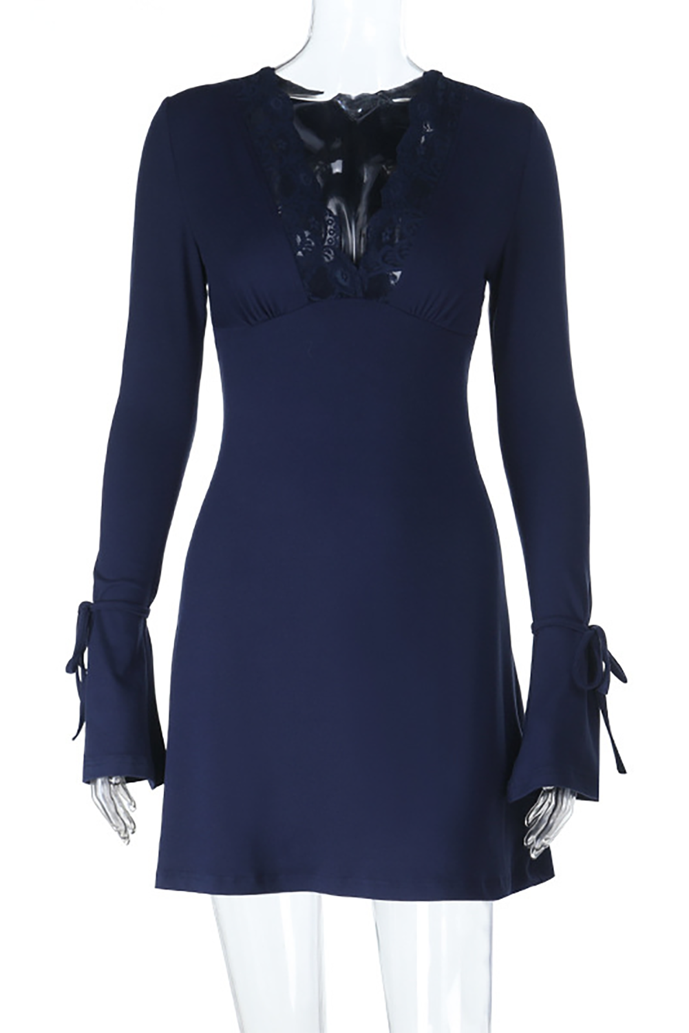Lace Patchwork Deep V Neck Long Sleeve Cinch Waist Mini Dresses-Navy