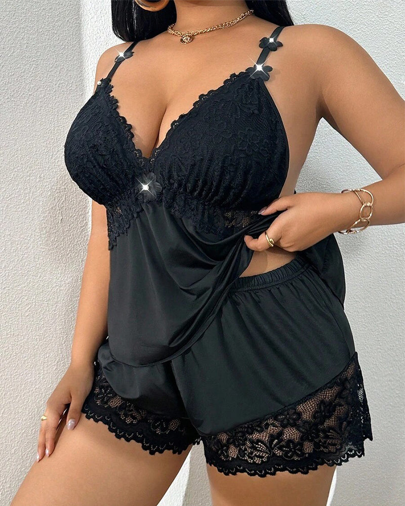 Plus Size Lace Satin Cami Pajama Set â€?Sexy Two-Piece Sleepwear for Women