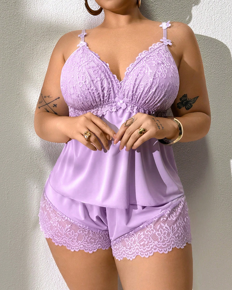 Plus Size Lace Satin Cami Pajama Set â€?Sexy Two-Piece Sleepwear for Women