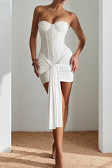 Sequined Textured Patchwork Strapless Fitted Side Sash Mini Dresses-White