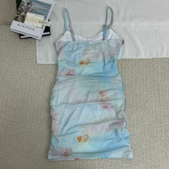 Net fabric printed halter-neck dress